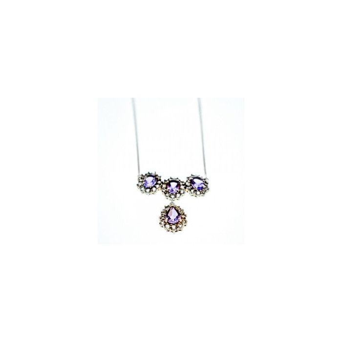 925 Sterling Silver Purple Tourmaline & Colorless Spinel Necklace Italy