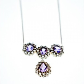 925 Sterling Silver Purple Tourmaline & Colorless Spinel Necklace Italy