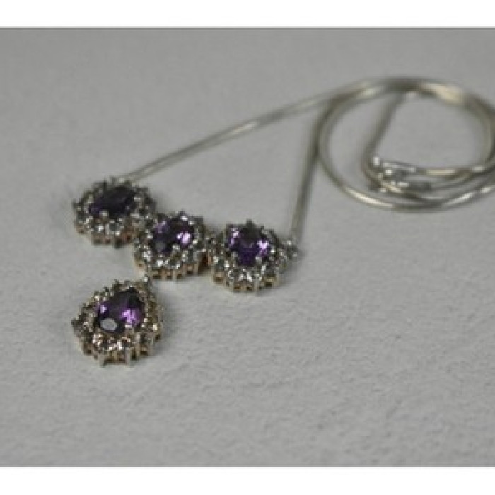 925 Sterling Silver Purple Tourmaline & Colorless Spinel Necklace Italy
