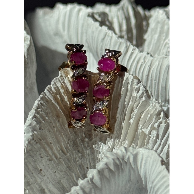 925 Sterling Silver Gold Plated Ruby & Diamond Earrings Length 0.77 inch