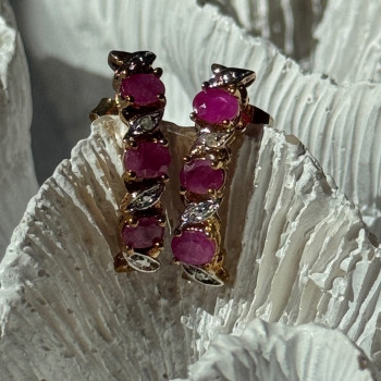 925 Sterling Silver Gold Plated Ruby & Diamond Earrings Length 0.77 Inch