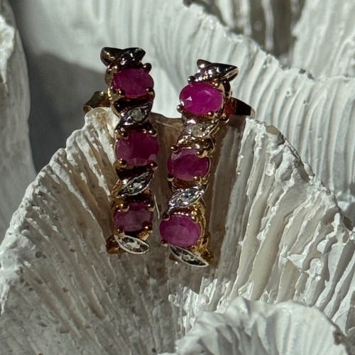 925 Sterling Silver Gold Plated Ruby & Diamond Earrings Length 0.77 Inch