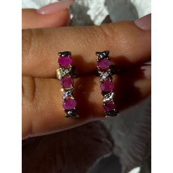 925 Sterling Silver Gold Plated Ruby & Diamond Earrings Length 0.77 inch