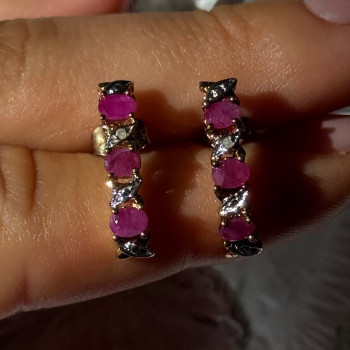 925 Sterling Silver Gold Plated Ruby & Diamond Earrings Length 0.77 Inch