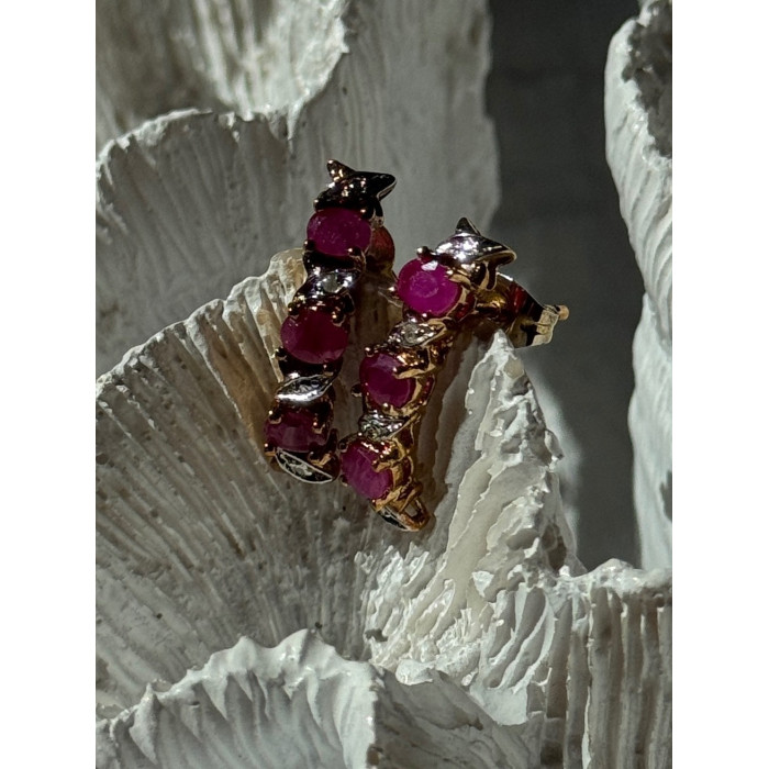 925 Sterling Silver Gold Plated Ruby & Diamond Earrings Length 0.77 inch