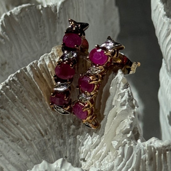 925 Sterling Silver Gold Plated Ruby & Diamond Earrings Length 0.77 Inch