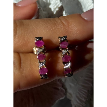925 Sterling Silver Gold Plated Ruby & Diamond Earrings Length 0.77 inch