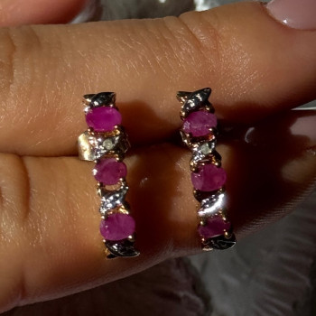 925 Sterling Silver Gold Plated Ruby & Diamond Earrings Length 0.77 Inch