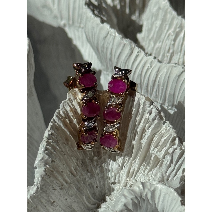 925 Sterling Silver Gold Plated Ruby & Diamond Earrings Length 0.77 inch