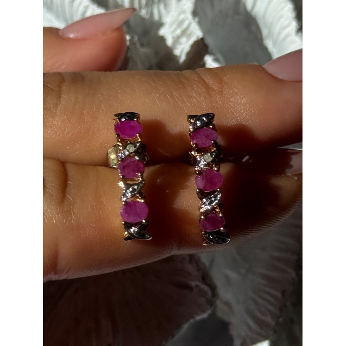 925 Sterling Silver Gold Plated Ruby & Diamond Earrings Length 0.77 inch