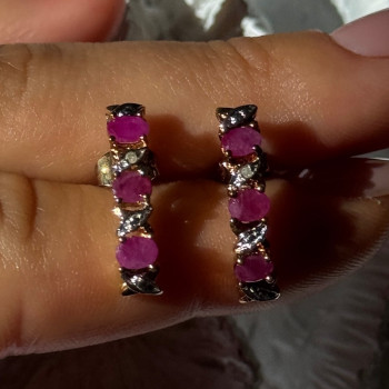 925 Sterling Silver Gold Plated Ruby & Diamond Earrings Length 0.77 Inch