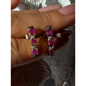 925 Sterling Silver Gold Plated Ruby & Diamond Earrings Length 0.77 inch