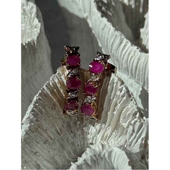 925 Sterling Silver Gold Plated Ruby & Diamond Earrings Length 0.77 inch