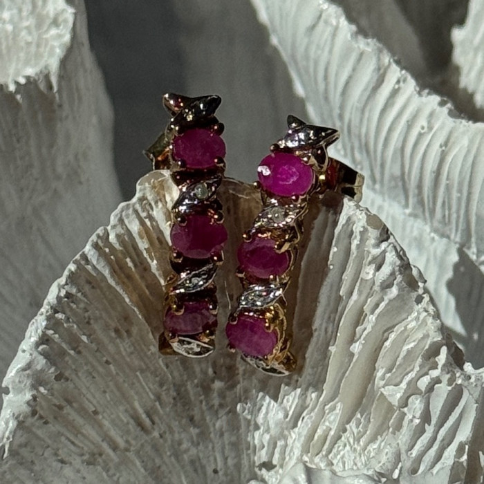925 Sterling Silver Gold Plated Ruby & Diamond Earrings Length 0.77 Inch