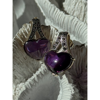 925 Sterling Silver Amethyst Heart & Marcasite Earrings Length 0.90 inch