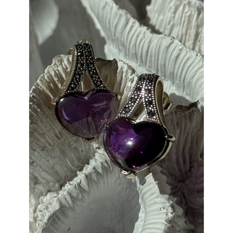 925 Sterling Silver Amethyst Heart & Marcasite Earrings Length 0.90 inch