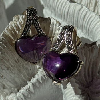 925 Sterling Silver Amethyst Heart & Marcasite Earrings Length 0.90 Inch