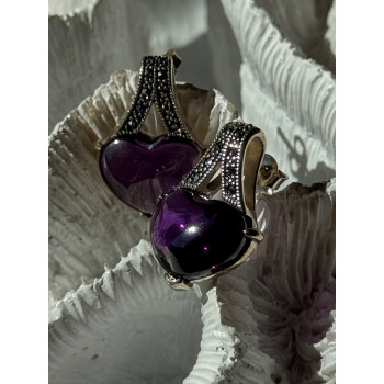 925 Sterling Silver Amethyst Heart & Marcasite Earrings Length 0.90 inch