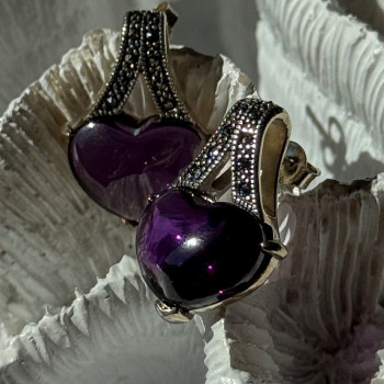 925 Sterling Silver Amethyst Heart & Marcasite Earrings Length 0.90 Inch