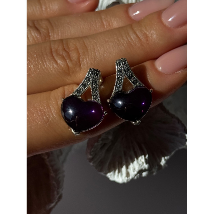 925 Sterling Silver Amethyst Heart & Marcasite Earrings Length 0.90 inch