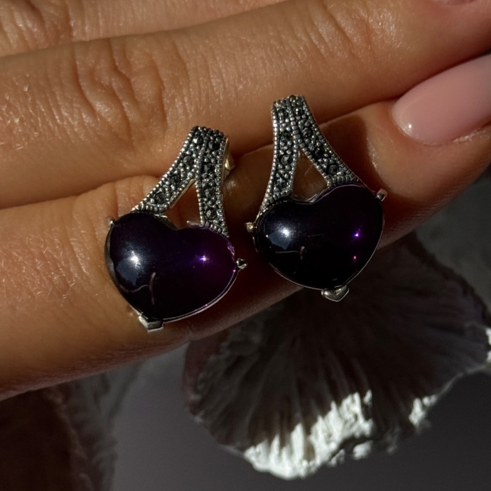 925 Sterling Silver Amethyst Heart & Marcasite Earrings Length 0.90 Inch