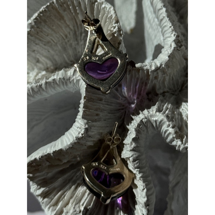 925 Sterling Silver Amethyst Heart & Marcasite Earrings Length 0.90 inch
