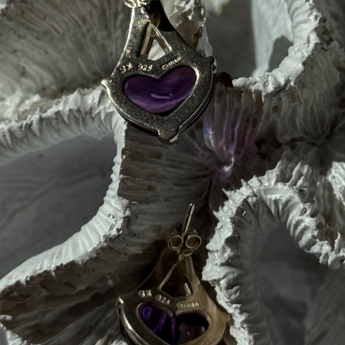 925 Sterling Silver Amethyst Heart & Marcasite Earrings Length 0.90 Inch