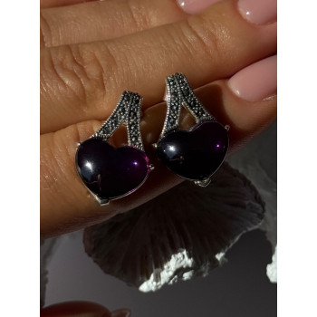 925 Sterling Silver Amethyst Heart & Marcasite Earrings Length 0.90 inch