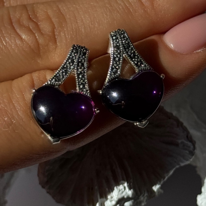 925 Sterling Silver Amethyst Heart & Marcasite Earrings Length 0.90 Inch