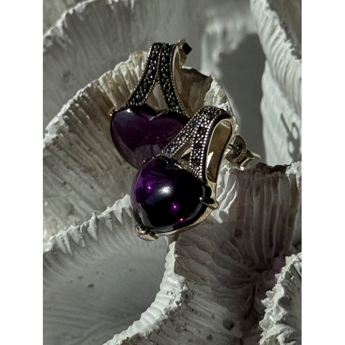 925 Sterling Silver Amethyst Heart & Marcasite Earrings Length 0.90 inch