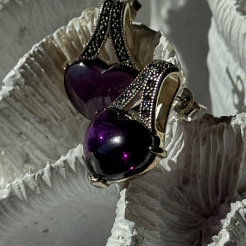 925 Sterling Silver Amethyst Heart & Marcasite Earrings Length 0.90 Inch