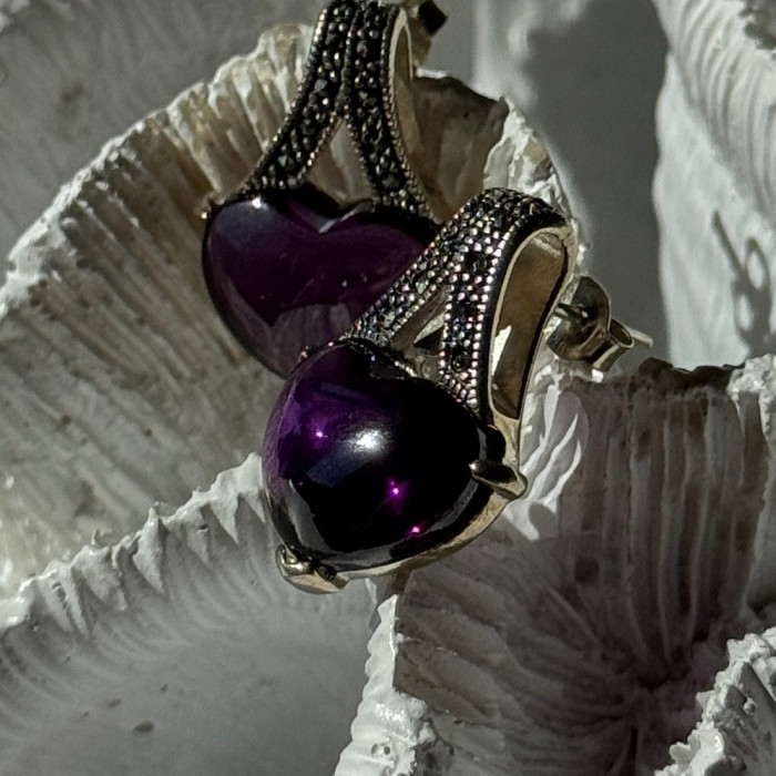 925 Sterling Silver Amethyst Heart & Marcasite Earrings Length 0.90 Inch