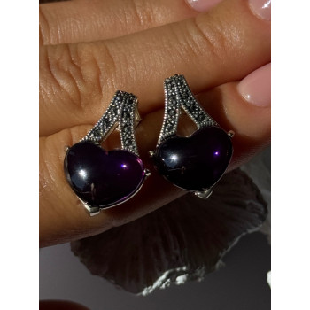 925 Sterling Silver Amethyst Heart & Marcasite Earrings Length 0.90 inch