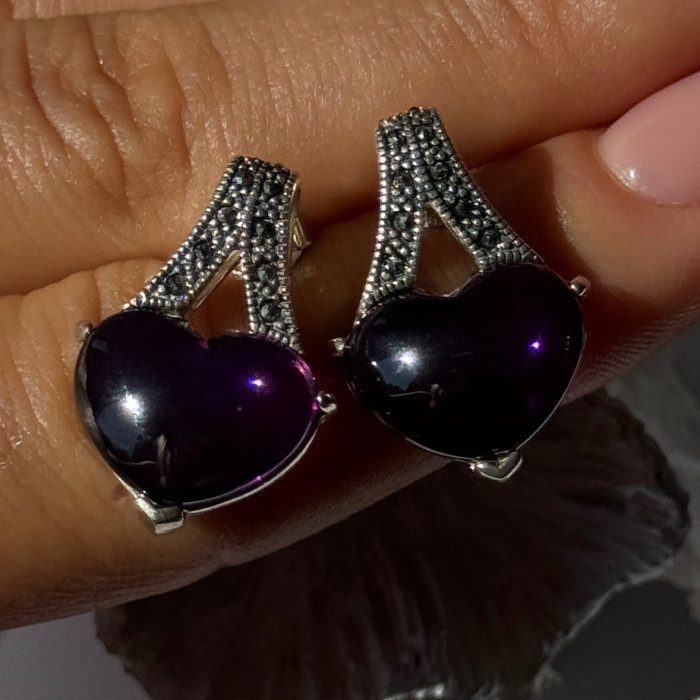 925 Sterling Silver Amethyst Heart & Marcasite Earrings Length 0.90 Inch