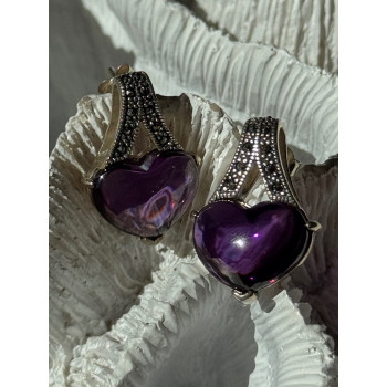 925 Sterling Silver Amethyst Heart & Marcasite Earrings Length 0.90 inch