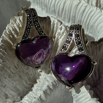925 Sterling Silver Amethyst Heart & Marcasite Earrings Length 0.90 Inch