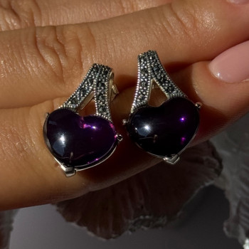 925 Sterling Silver Amethyst Heart & Marcasite Earrings Length 0.90 Inch