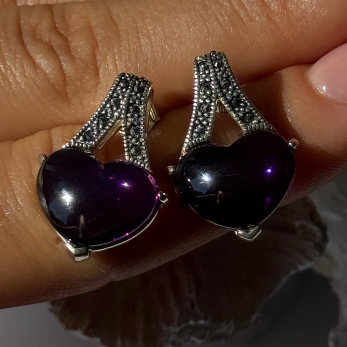 925 Sterling Silver Amethyst Heart & Marcasite Earrings Length 0.90 Inch