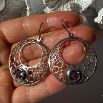 925 Sterling Silver Amethyst Earrings Length 2.10 Inch