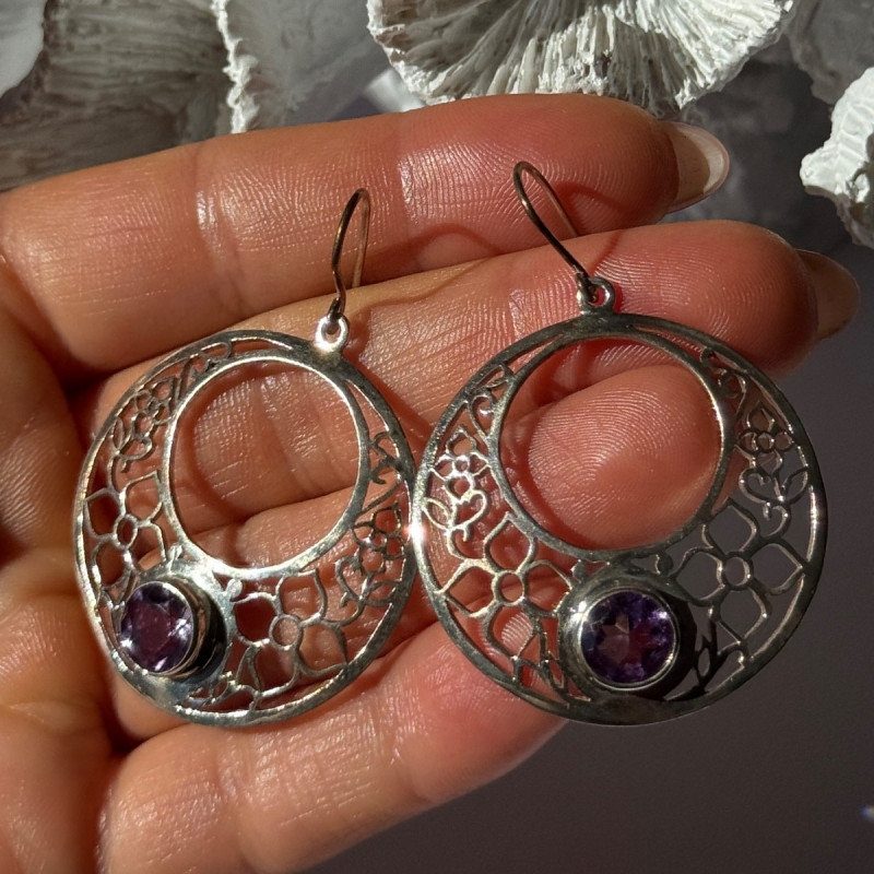925 Sterling Silver Amethyst Earrings Length 2.10 Inch