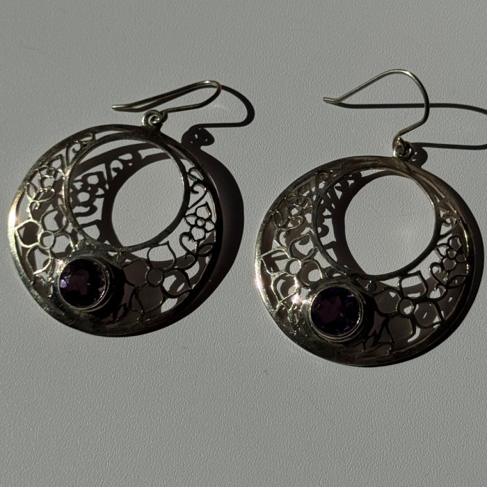 925 Sterling Silver Amethyst Earrings Length 2.10 Inch