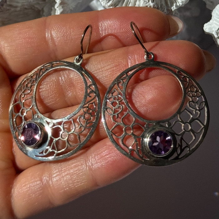 925 Sterling Silver Amethyst Earrings Length 2.10 Inch