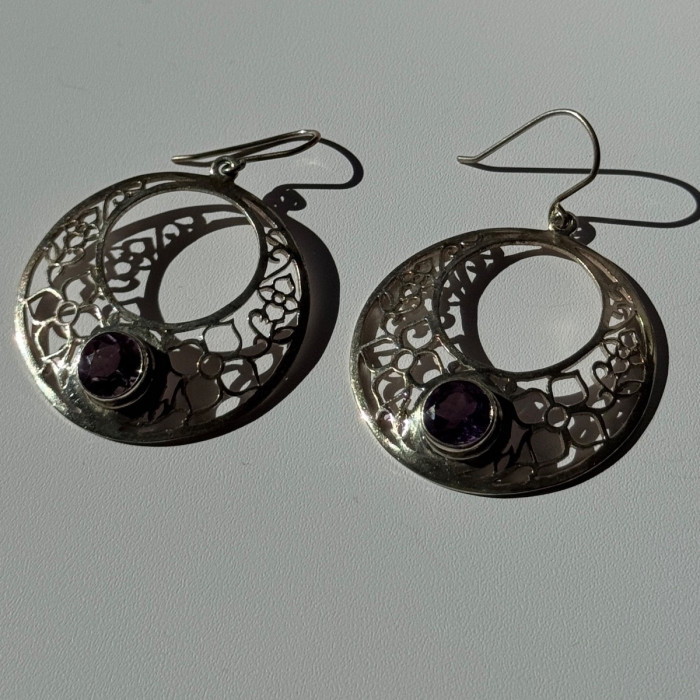 925 Sterling Silver Amethyst Earrings Length 2.10 Inch