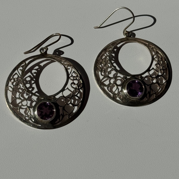 925 Sterling Silver Amethyst Earrings Length 2.10 Inch