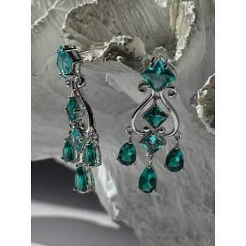 Shiny 925 Sterling Silver Aquamarine & Emerald Earrings