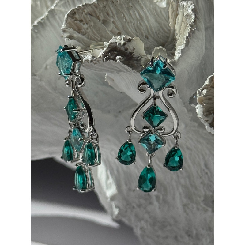 Shiny 925 Sterling Silver Aquamarine & Emerald Earrings