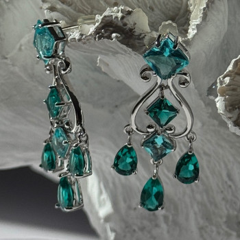 Shiny 925 Sterling Silver Aquamarine & Emerald Earrings