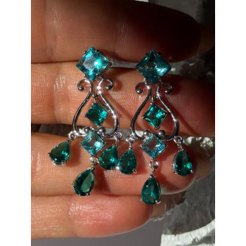 Shiny 925 Sterling Silver Aquamarine & Emerald Earrings