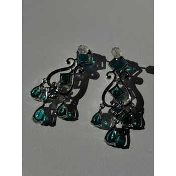 Shiny 925 Sterling Silver Aquamarine & Emerald Earrings
