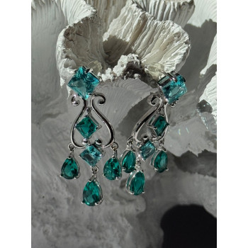 Shiny 925 Sterling Silver Aquamarine & Emerald Earrings